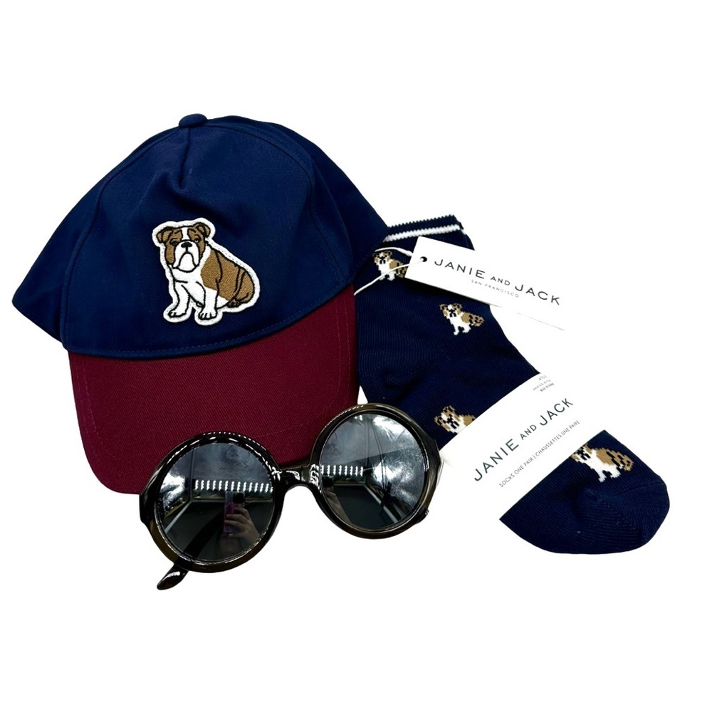 New NWT Janie and Jack English Bulldog Bundle, hat sunglasses socks, size 4-5